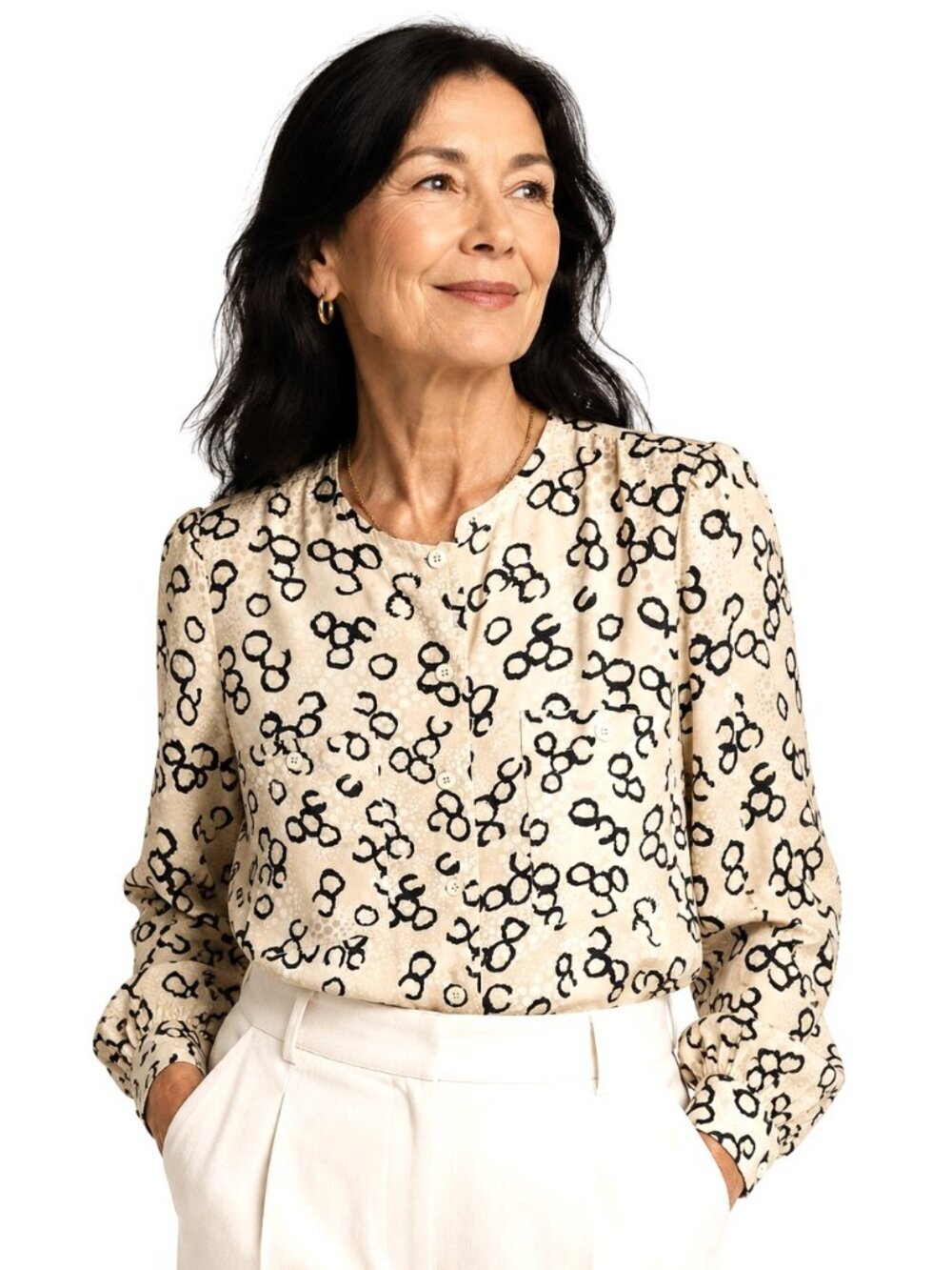 Vintage Della Roufogali Cream Black Jacquard Silk Blouse